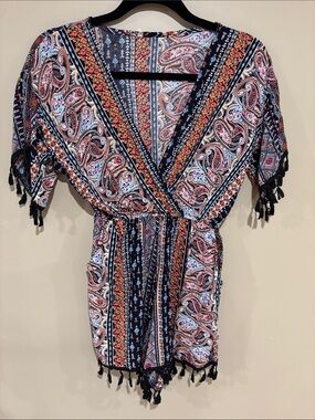 Boho Paisley V-Neck Romper in Navy and Rust